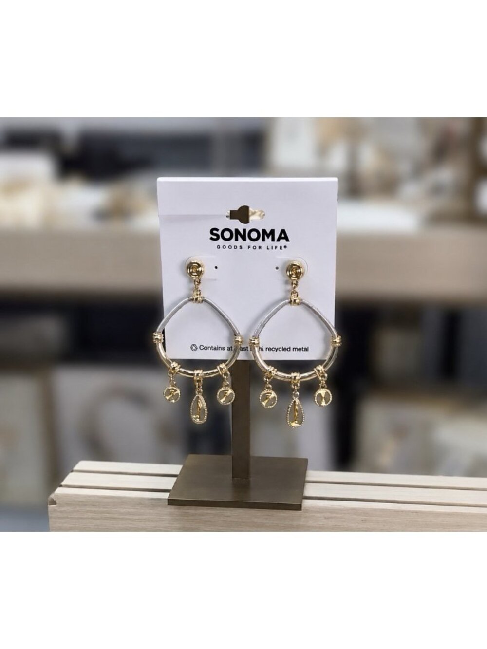 Sonoma Hoop W Bead Charm Dangle Earrings SIlvertone Goldtone 2" Boho Summer NEW